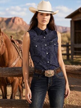 Wrangler Retro Sleeveless Western Pearl Snap Button Shirt Size XL -Blue Print